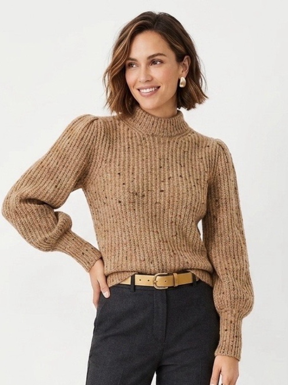 French Connection Natalya Camel Tan Multi Flecked Ribbed Alpaca Sweater 1702